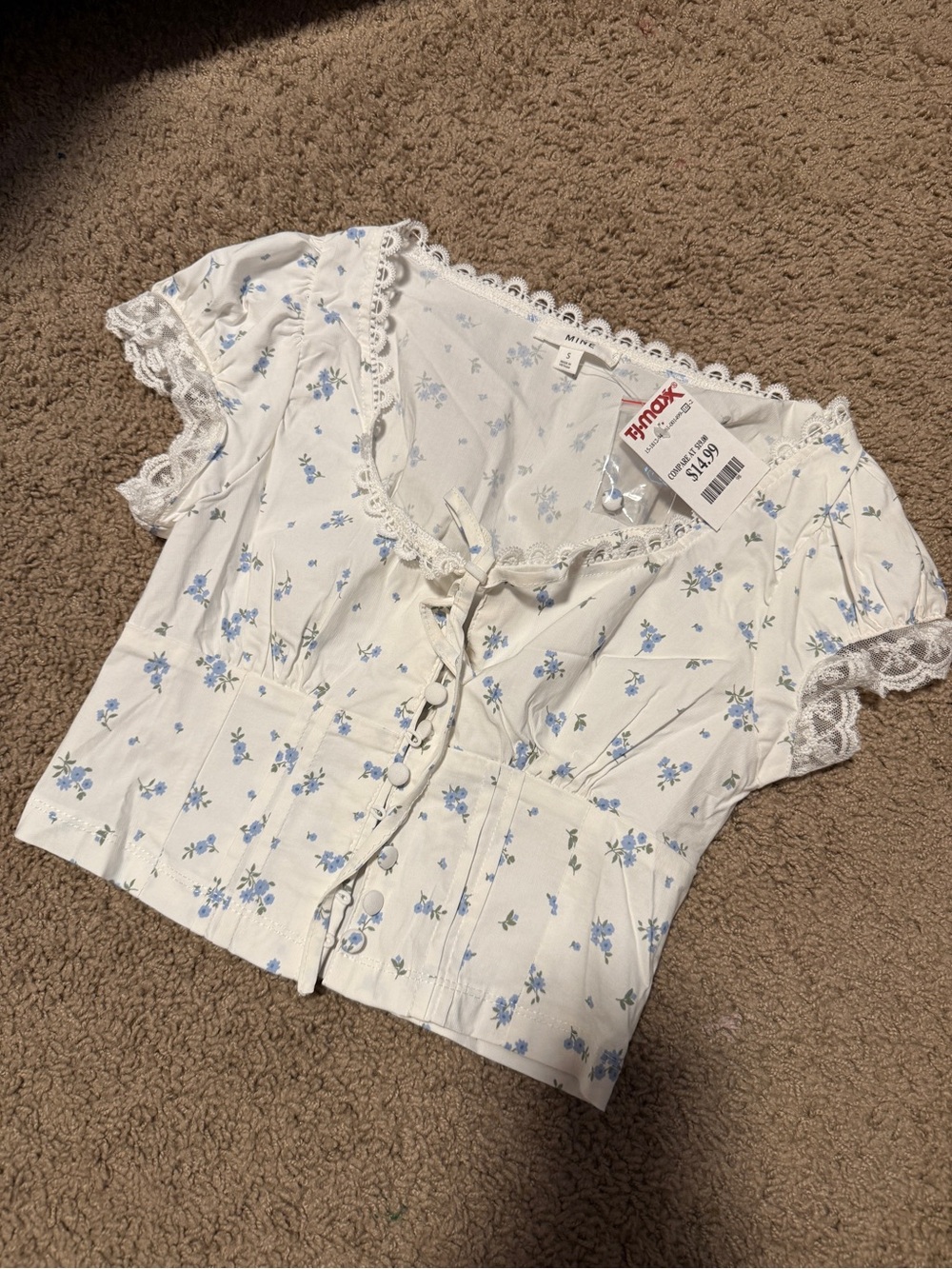 MINE Blue Floral Lace-Trim Crop Top
